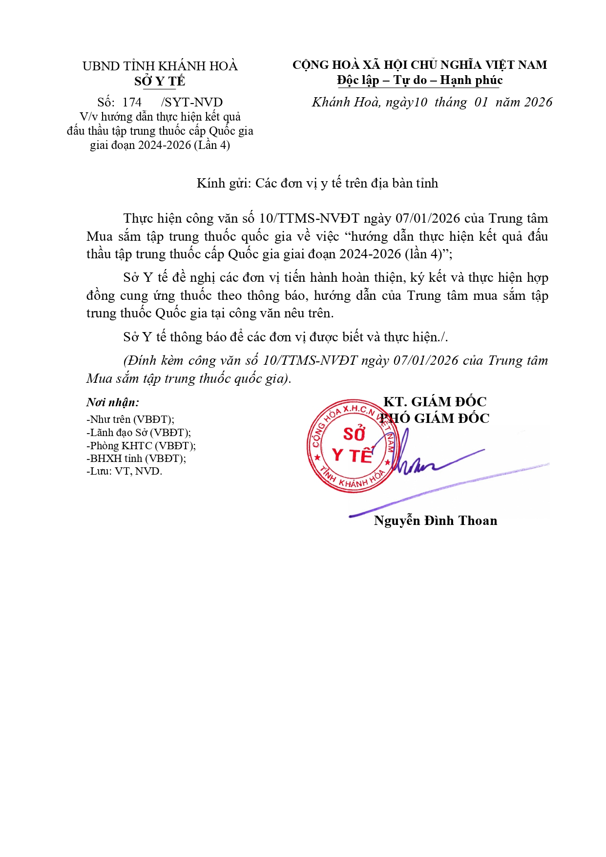 V/v hướng dẫn thực hiện kết quả đấu thầu tập trung thuốc cấp Quốc gia giai đoạn 2024-2026 (Lần 4)